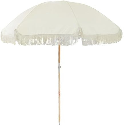 Ombrellone bianco per esterni, spiaggia, patio, con nappa, palo in legno, inclinabile, ombrello per giardino, piscina, prato, protezione UV e resistente al vento