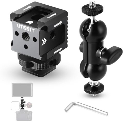 UTEBIT Triple Cold Shoe Mount with Camera Hot Shoe Adapter, 360° Rotation Dual Ballhead Magic Arm and 1/4-20 Thread Camera Cold Shoe Bracket for Monitor Microphone LED Flash Light