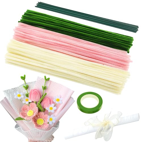 KAOTPO Pfeifenreiniger zum Basteln, 200 Stück Pfeifenputzer zum Basteln, Pfeifenreiniger Blumen Set mit Blumendraht, Bänder, Geschenkpapier, Geschenkband für Blumenstrauß DIY Dekorationen