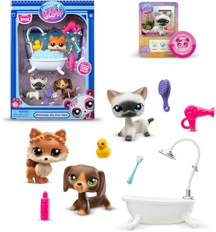 BANDAI - Littlest Pet Shop - BF00638 - Journée SPA - 3 animaux de compagnie, 10 accessoires, 1 carte collecteur, 1 code virtuel, génération 7 animaux domestiques 172, 173, 174, figurines LPS, à partir