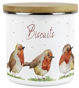 Purely Home English Robins Small Biscuits Storage Canister - British Garden Birds Gifts - 1.2L White Metal Enamel Food Storage Container