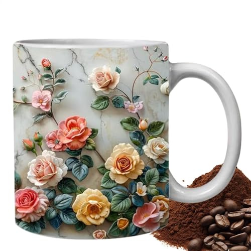 Taza de té de cerámica - Taza de café pintada a mano, taza de flores | Elegante taza de café para mujeres y hombres, taza con decoración floral para desayuno, oficina, regalos, taza de té y café para