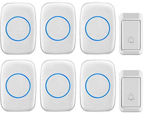 WOTZOV Timbre inalámbrico Resistente al Agua, 2 transmisores, 6 receptores, Timbre inalámbrico enchufable con 38 melodías Musicales, Flash Inteligente, antiinterferencias, alcan,Blanco
