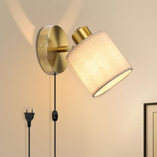 Winverty Applique Murale Interieure avec Interrupteur et Prise, Dimmable Lampe Murale Dorée avec Abat-jour en Lin Beige, E27 Pivotante Applique Murale de Chevet pour Chambre Salon
