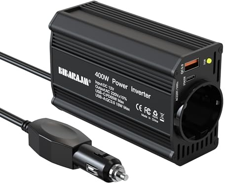400W Auto Spannungswandler DC 12V auf AC 230V mit 2 Steckdosen und PD65W USB-C, USB-Ports, Schnellladegerät, Autoladegerät mit Zigarettenanzünderstecker für Geschäftsfahrten und Ferien