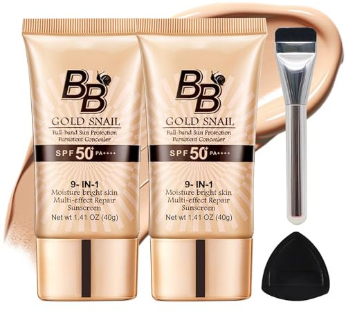 2 Stück BB Cream,LSF 50 Getönte Tagescreme 40g,mit Einem Grundierungspinsel,Einer Schwarzen Puderquaste,Atmungsaktiv und Leicht,Multi-effekt-Reparatur,Aufhellungseffekten,für Alle Hautfarben