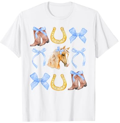 Western Girl Country Rodeo Blue Cowgirl Horse Coquette Bow T-Shirt