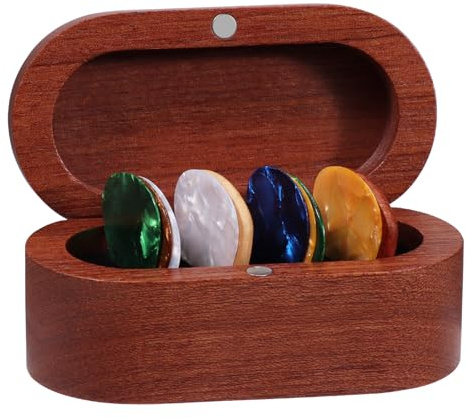Walnut Guitar Plectrum Holder Set with 2 Color Wood Plectrums and 8 Celluloid Plectrums (4 Thicknesses),Mini Jewelry Box,Brown Wooden Trinkets,Box Size 3.35 * 1.77 * 1.57 inch (Ebony)