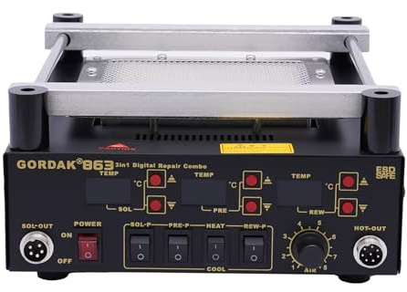 Hot Air Rework Station 863 1100W Rework Station 3-in-1 Soldering Preheat Hot Air Machine Electronic Soldering Preheat Machine with Hot Air Gun, Soldering Iron and IR Preheating Station
