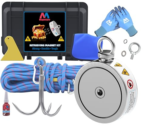 Magnetpro 1220 KG Komplettes Abrufmagnet-Set Doppelseitiges Angelmagnet | Enthält einen starken Neodym-Magneten, langlebiges 20-Meter-Seil, Karabiner, Handschuhe, Enterhaken und eine Tragetasche