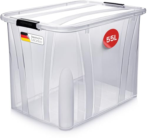 KONZEPT Aufbewahrungsbox 55 L mit Deckel, verstärkte Konstruktion | Transparente Kunststoffbox mit Verstärkungsrippen für mehr Stabilität, stapelbar, robuste Clips – ideal für Küche & Haushalt