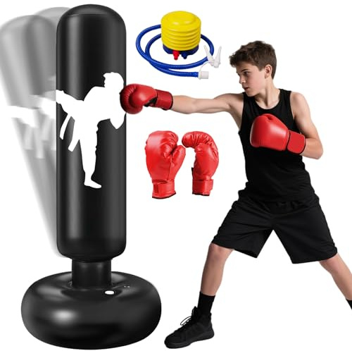 Ninonly Saco Boxeo Niños 160cm con Guantes y Bomba Punching Ball Boxeo Niño Ideal Karate, Kickboxing, Equipo de Boxeo, Saco de Boxeo para Niños Niños y Niñas Negro KO