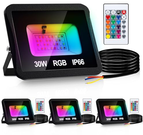 Jaxguom RGB LED Strahler Außen 4er 30W mit Fernbedienung, RGB Fluter LED Dimmbar Gartenstrahler, 16 Farben 4 Modi IP66 Wasserdicht, Memoryfunktion für Party Außen