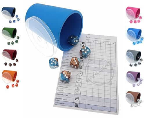DiceCupFlex - Gobelet à dés flexible avec couvercle, 5 dés et bloc de dés, bloc de jeu - Fabriqué en Allemagne (bleu fluo)