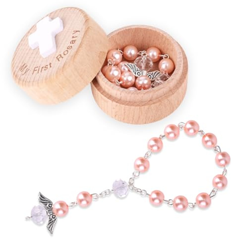 Fukaisu Il Mio Primo Rosario, Regalo per il Battesimo, Scatola Ricordo Battesimo e Braccialetto Rosario con Ali d'Angelo Regalo di Perline Prima Comunione Cattolica per Baby Shower (Rosa)