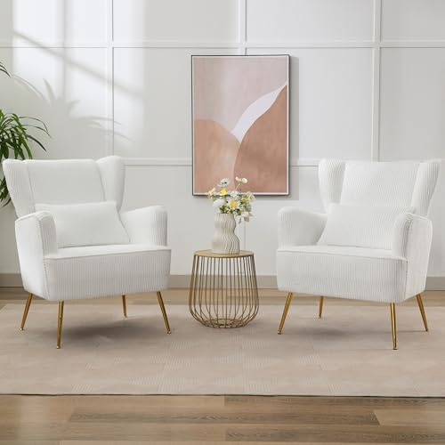 WUTUTUEE Living Room Chairs Corduroy Accent Armchair with Lumbar Pillow & Gold Leg, 8.5 Thick Cushion, Mid Century Modern High Wingback Bedroom Chairs Upholstered Comfy Sofa Arm Chair, White