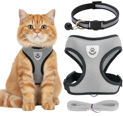 1 Set 3 Stück, Katzenleine, Katzengeschirr mit Leine Ausbruchsicher, Verstellbares Katzengeschirr Set für Kitten und Kleine Hunde, Atmungsaktives Mesh mit Reflektierenden Streifen