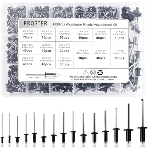 Proster 600Pcs Black Aluminum Blind Rivets Assortment Kit - 15 Sizes (3/32 - 1/4) with Portable Storage Case for Auto, Metalworking, DIY & Professional Use
