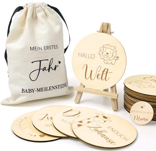 Tarjetas de hitos de madera para bebé, 18 hitos en discos de madera, regalo para recién nacidos, futuros padres, con bolsa de tela con soporte de exhibición – MI PRIMER AÑO BABYSTEINE