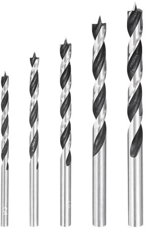 sourcing map Brad Point Bohrer-Set, 3/4/5/6/7 mm Durchmesser, gerader runder Schaft, metrischer Spiralbohrer für Weichholz, Hartholz, Sperrholz, Kunststoff, Gummi, silberfarben