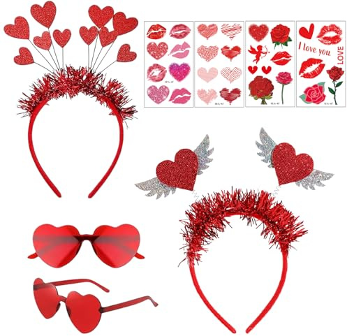 GWAWG Amor Kostüm Damen, 2 Stück Herz Haarreif + 2 Stück Herzbrille + 4 Herz Tattoos, Valentinstag Kostüm Zubehör, Amor Haarreif Herzbrillen Set für Karneval, Fasching, Hochzeit, Party Deko