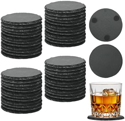 Wpokke Posavasos de pizarra de 48 unidades, 10 x 10 cm, color negro, juego de posavasos de cristal con base resistente a los arañazos para café, bar, cocina, decoración del hogar, redondos