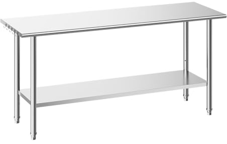 VEVOR Tavolo da Lavoro da Cucina, Banco da Lavoro Centrale in Acciaio Inox 182,9 x 61 cm, Tavolo per Catering Preparazione Ripiano Inferiore Regolabile, Ristorante, Hotel, Supermercato, Senza Ruote