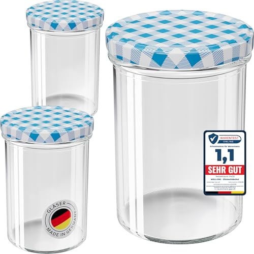 WELLGRO 100x Einmachgläser mit Schraubdeckel - 435 ml, 8,5 x 12 cm (ØxH), Glas/Metall, blau karierte Deckel To 82, Gläser Made in Germany