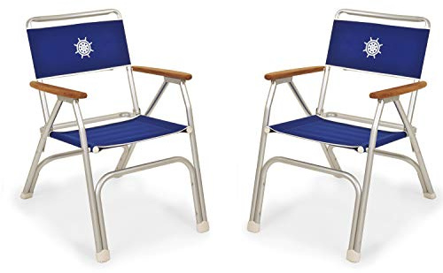 FORMA MARINE Boat Chairs Blue Deck Folding Marine Aluminum Teak Furniture Set of 2 M100B