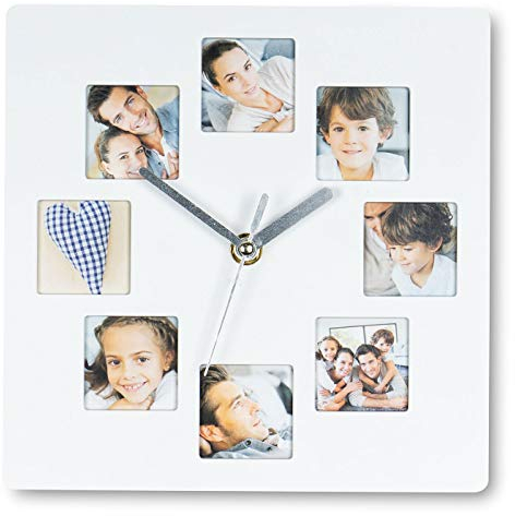levandeo Wanduhr Weiß 21x21cm Fotouhr 8 Fotos Bilder Bilderrahmen Fotorahmen Küchenuhr Collage Galerie Wanddeko