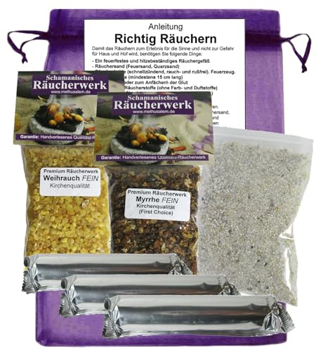 Weihrauch & Myrrhe räuchern & Auräuchern 9-TLG Räucher-Set STARTERSET 30x Räucherkohle, Räuchersand, Anleitung, Räucherlexikon, Täschchchen (Geschenksäckchen) 81116-24