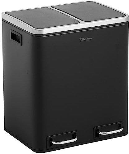 Homra Dual Kitchen Bin 30l – Double Rubbish Bins 2x15l – 2 Compartment Pedal System – Twin Section Waste&Recycling Separation – Soft Close Design – Inner Buckets with Handles – Stainless Steel