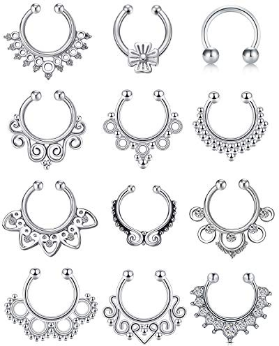 Mayhoop Falsk näspiercing, septum kirurgiskt stål med klar CZ falsk läpppiercing öron näsa septumring icke-piercing för kvinnor män, 8 mm to 10 mm, Metall