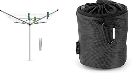 Brabantia Lift-O-Matic Tendedero de Jardín con Soporte, Acero Inoxidable, Gris Metalizado, 60 m de Cuerda + Bolsa para Pinzas, Negro, 0 cm