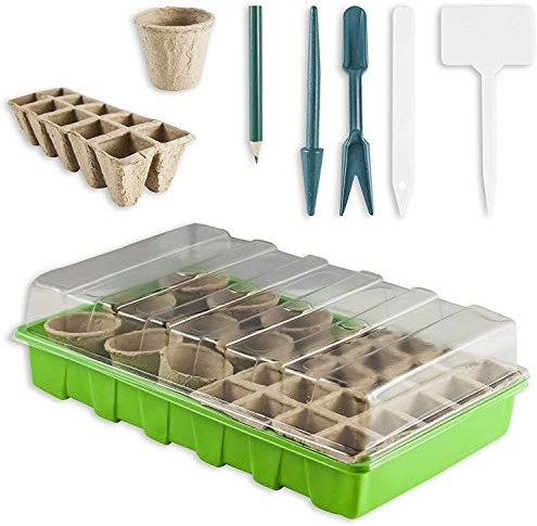astor24 Premium 67tlg Zimmer-Gewächshaus mit Pflanzenschildern Treibhaus 36 x 22cm Pflanzentöpfe mit viel Zubehör und 60 Anzucht Töpfe (Grün)