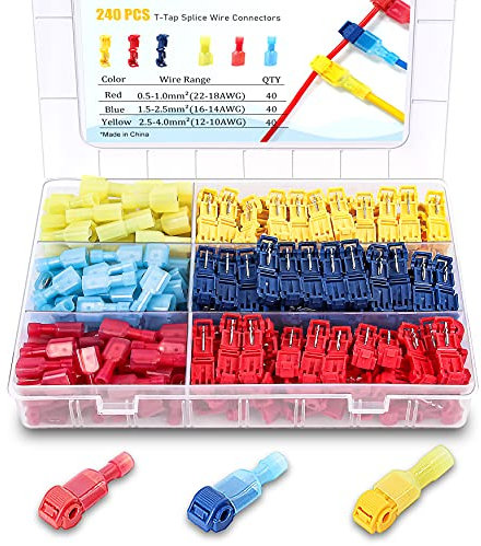 Flytuo 240PCS T-Tap Wire Connectors, AWG 22-10, Self-Stripping Quick Splice Electrical Wire Terminals, Color Coded Insulated Male Quick Disconnect Spade Terminals Assortment Kit for Wiring (3 Colors)