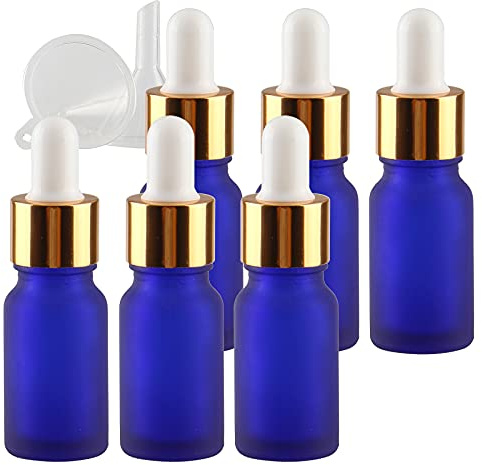 TIANZD 6 Stück 10 ml Leere Matt Blau glasflasche Tropfflasche Pipettenflaschen mit Glaspipette, 10ml Glasflasche mit Tropfpipette mit Gold Schraubverschluss für ätherische Öle, Parfüm Öle