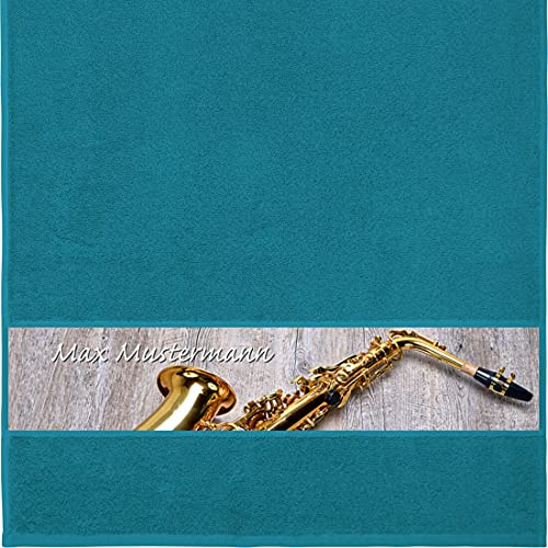 Manutextur Handtuch mit Namen - personalisiert - Motiv Saxophon - viele Farben & Motive - Dusch-Handtuch - Petrol - Größe 50x100 cm - persönliches Geschenk mit Wunsch-Motiv und Wunsch-Name