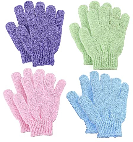 VEGCOO 4 Pairs Gants Exfoliants, Douche Bain Gants Double-face Gommage Corps Couleurs Assorties pour Hommes Femmes Enfants et pour la Douche/le Bain/le Spa/le Massage(4 couleurs)