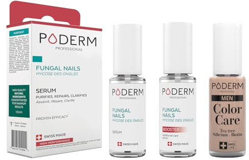 PODERM - 3 PRODOTTI - MICOSI DELLE UNGHIE TRATTAMENTO 3 in 1 | SPECIALE UOMO | SMALTO TEA TREE COLOR NUDE, MAT NON LUCIDO | Trattamento professionale mani/piedi | Facile e rapido | Swiss Made