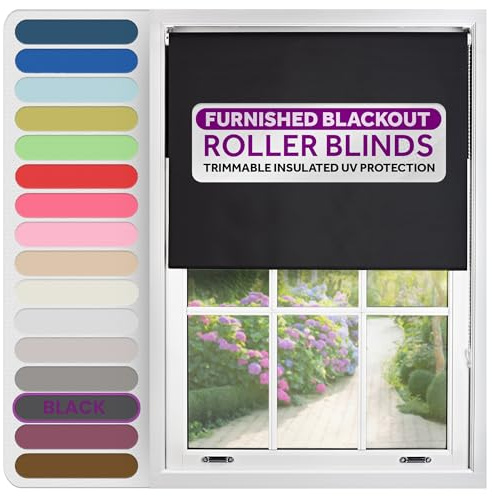 FURNISHED Roller Blinds Thermal Blackout Roller Blind - Trimmable Insulated UV Protection Child Safe Easy Fit Home Office Window Blinds, Black, 45 cm Wide x 165 cm Long