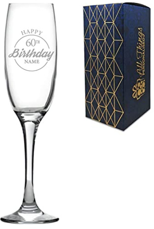 Personalised Engraved Champagne Flute Happy 60th Birthday Circle Design Gift BoxedGlass Holds 7.43oz/220ml, Customise with Any Name, Engraved in The UK