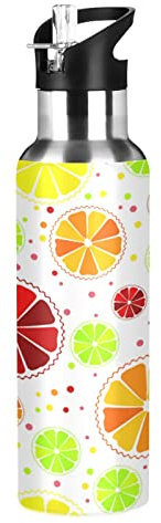 Vnurnrn Rosso Limone Arancia Acqua Bottiglia Boccetta di Vuoto Isolata in Acciaio Inossidabile Matraccio d'Acqua Sottovuoto con Paglia Water Bottle(600 ml)