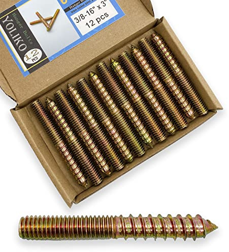 Yoliko 12 Pack 3/8-16 x 3 Inch Hanger Bolts 3/8-16 Double Headed Bolts 3/8 Wood Dowel Screw Self-Tapping Screw Hanger Bolts for Furniture Double Head Threaded Rods Bolt 75mm Length
