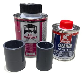 Tangit PVC Set All Pressure Kleber 250 ml & Aktivator 125 ml Pinsel- Spezialkleber für Verbindung und Montage von Hart PVC-U Rohren/Poolbau-Teichbau-Dachrinnemontagen inkl. Teil zur Probeklebung