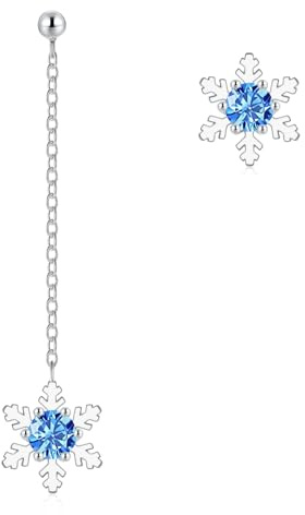 Hasnsofie Weihnachten Ohrringe Silber Hängend, 925 Sterling Silber Asymmetrische Schneeflocken Ohrstecker, Weißgold Hängeohrringe mit Blau Zirkonia, Hypoallergen Lange Quaste Ohrhänger mit Geschenkbox
