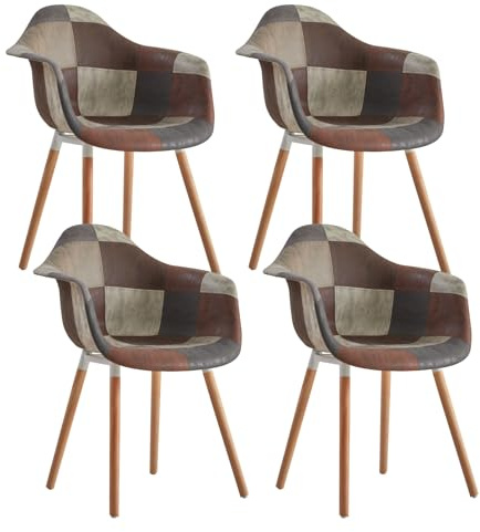 GrandCA HOME Juego de 4 Sillas de Comedor con Reposabrazos, Patas de Haya, Estilo Patchwork, para Comedor, Sala y Cocina (Marrón, 4 Piezas)