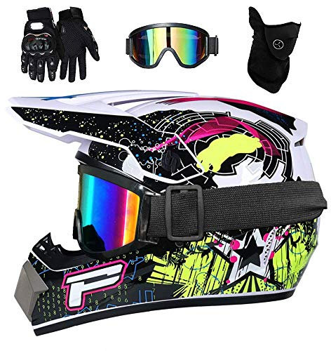 Unisex Integrale MTB Casco da Motocross, con Occhiali Guanti Maschera, Gioventù Bambini Moda Fuori Strada Sport Moto ATV Scooter Casco, Discesa Enduro BMX Quad Bici da Sporcizia Incidente Casco ( Colo