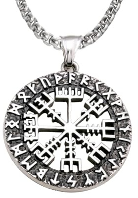 Only faith Collar Grueso Hombre Cadena grande Acero inoxidable Cadena Celta Gruesa Vintage colgante Cruz simbolo Nórdico Joya de Amuleto Protección largo 60 cm (Brújula Vikinga Vegvisir)