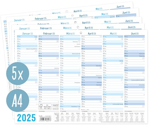 Häfft® 5 x Tafelkalender 2025 A4 quer Blau - Jahresplaner, Wandkalender, Jahreskalender inkl. kleine Übersicht Folgejahr, Feiertage & Ferienübersicht - nachhaltig & klimafreundlich